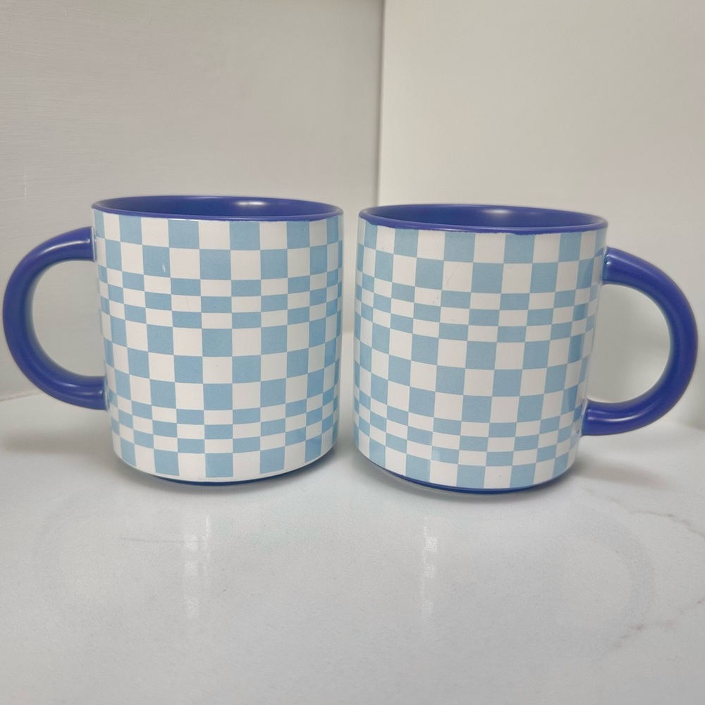 Indigo Checkered Retro Funky 70’s Style Ceramic Mug Set - Picture 10 of 16